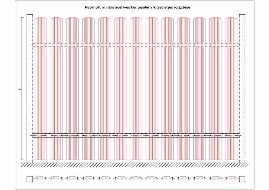 Kerítésléc - íves / 1000mm hosszúság / RAL 6011 - középzöld, rezedazöld metszeti rajz